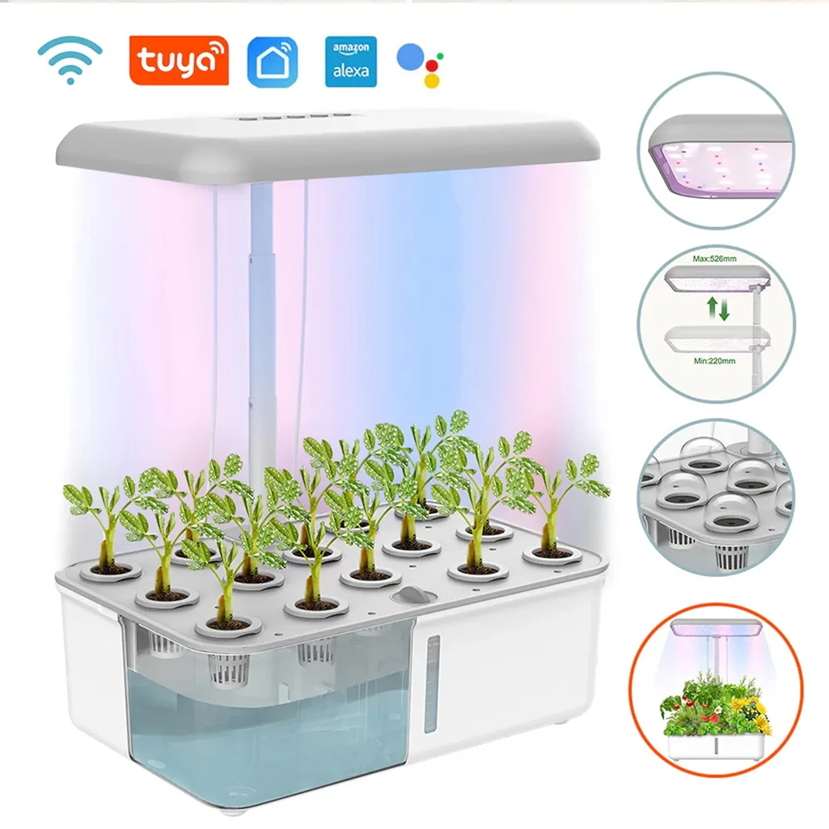 Système hydroponique Tuya WiFi avec lampe de culture LED, contrôle par application, pompe automatique et 14 emplacements de plantation.