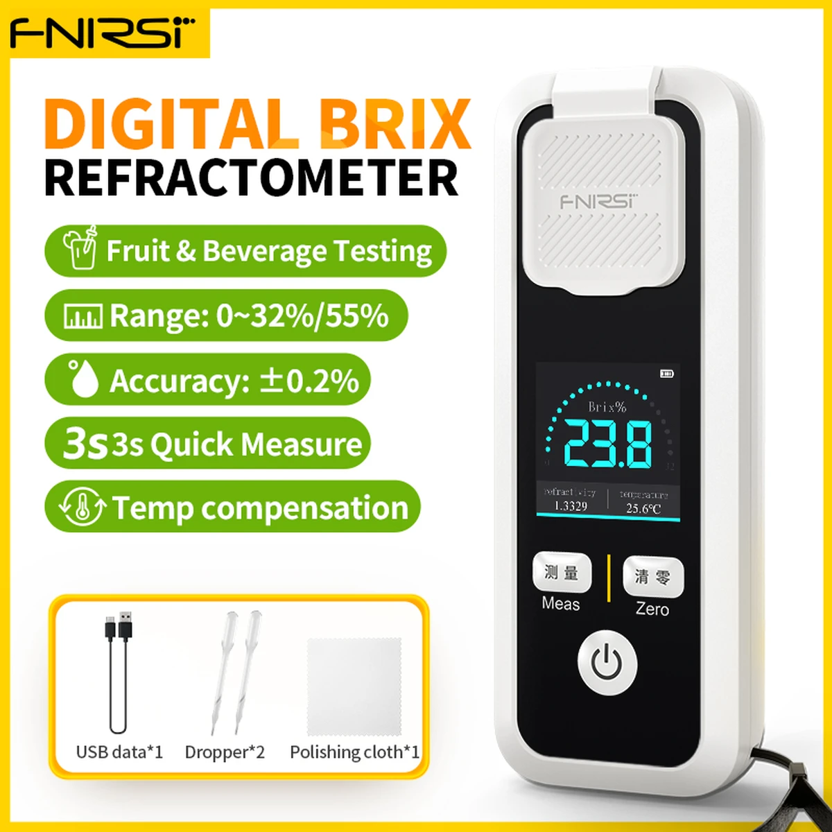 FNIRSI JBM-10 Refraktometer, Zuckergehaltmessgerät, Messung von Fruchtsaft, Getränken, Wein, Bier, 32 % wiederaufladbar