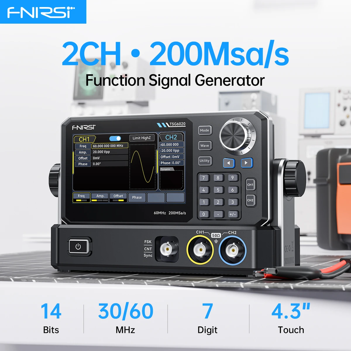 Générateur de signaux de fonction double canal FNIRSI TSG6020 TSG3020 60 MHz/30 MHz 200 MSa/s Écran tactile 4,3 pouces pour les tests électroniques