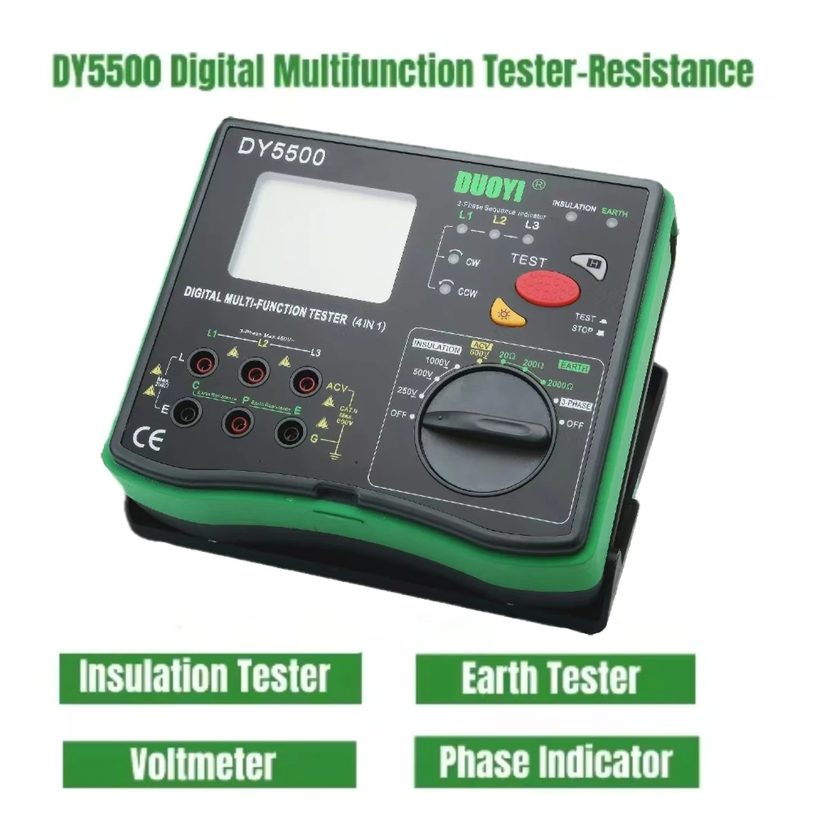 DY5500 4-in-1 Digital Multifunction Tester Insulation + Earth Resistance Tester AC Voltage Phase Sequence Test High Accuracy Portable