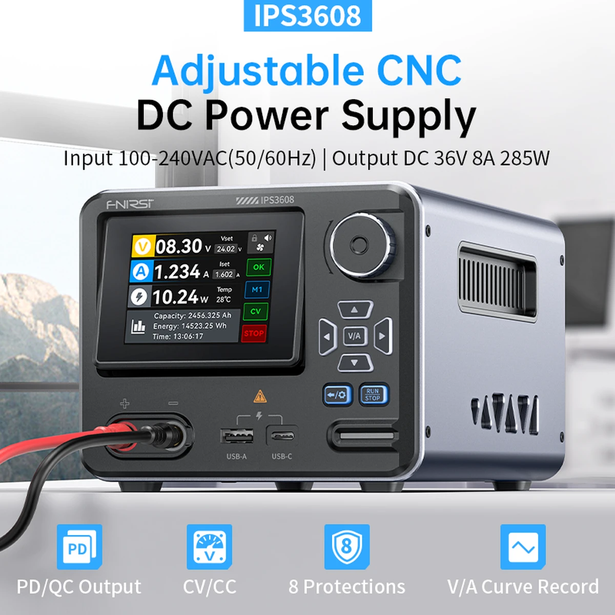 FNIRSI IPS3608 Einstellbares Gleichstromnetzteil 36 V 8 A 285 W Labortisch-Netzteil Spannungs- und Stromregler USB-Typ-C-Schnittstelle