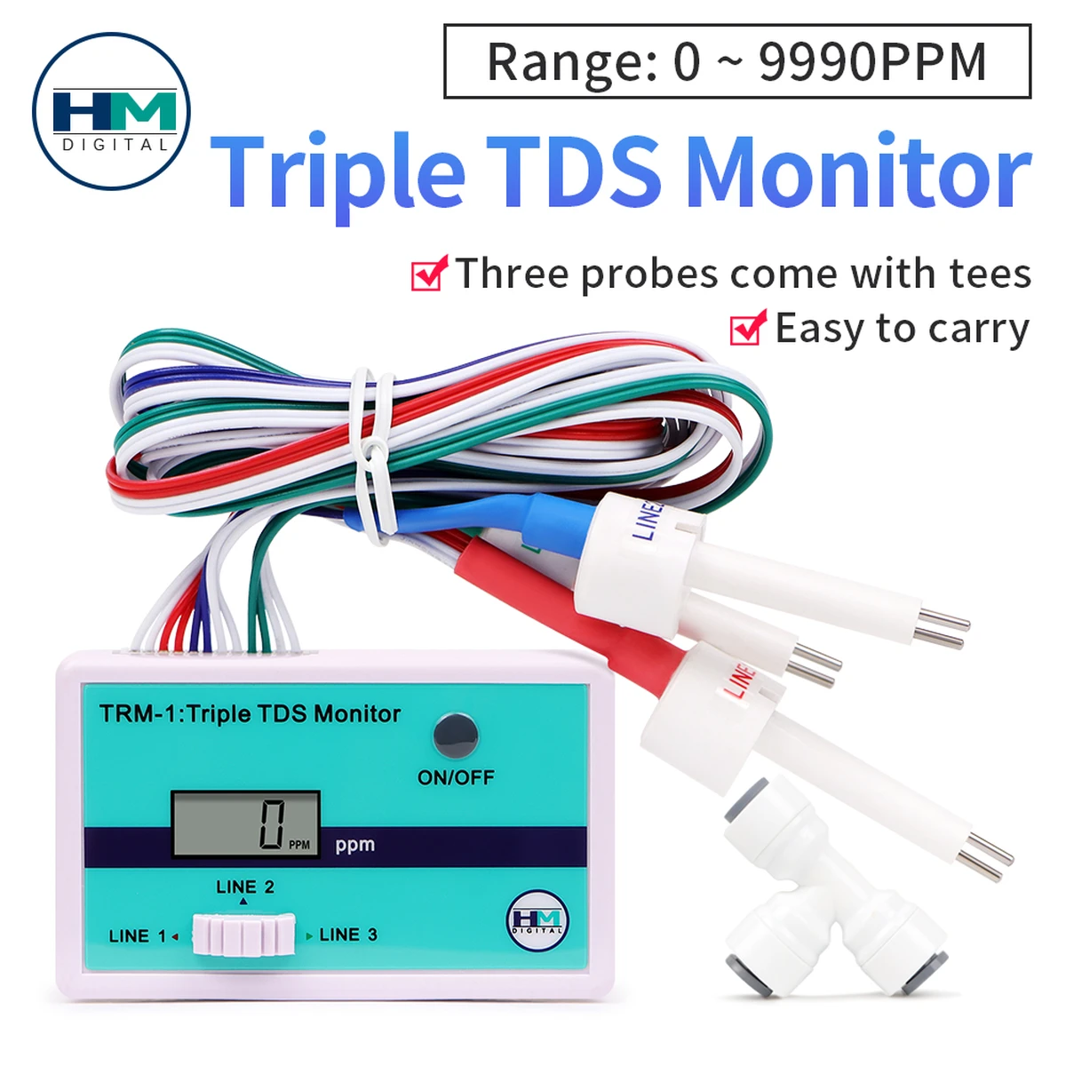 Moniteur TDS, testeur TDS triple, mesure de la qualité de l'eau en ppm, 0–9990 ppm pour aquariums, hydroponie, eau potable, sonde 3/1 en option