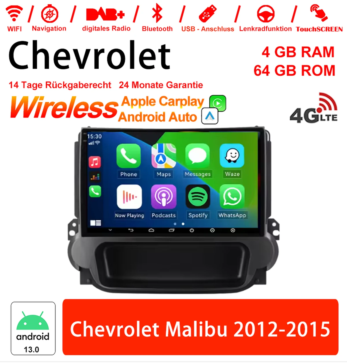 9 inch Android 13.0 car radio / multimedia 4GB RAM 64GB ROM for Chevrolet Malibu 2012-2015