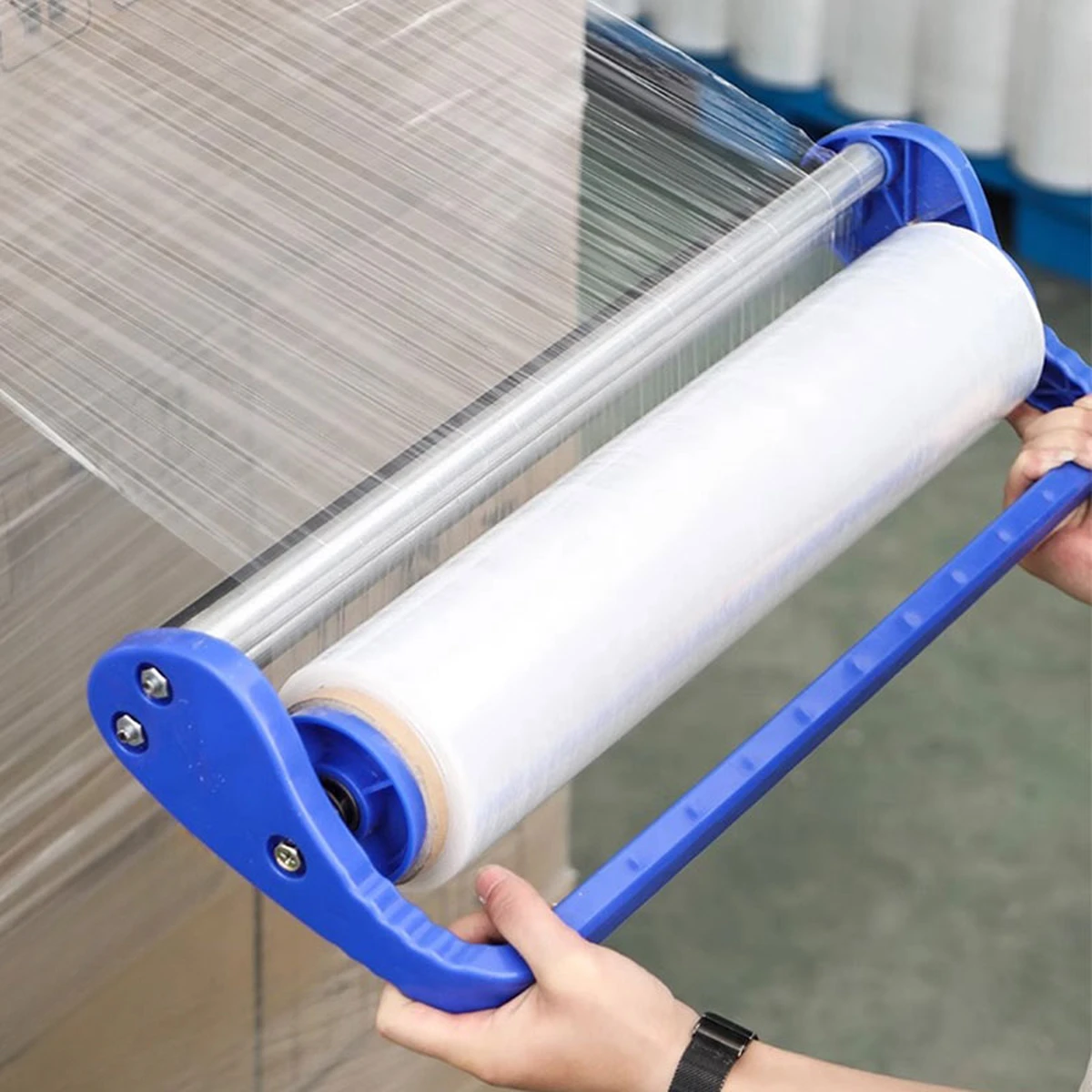 Metal stretch film dispenser, hand-held dispenser for stretch film, manual packaging aid, pallet film dispenser