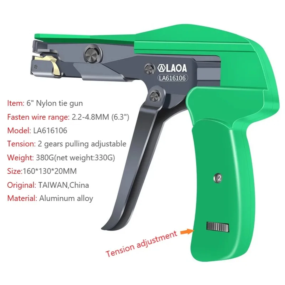 LAOA cable tie gun, cutting fastening tool, width 2.2 to 4.8 mm, nylon, tightening of the clamping cable