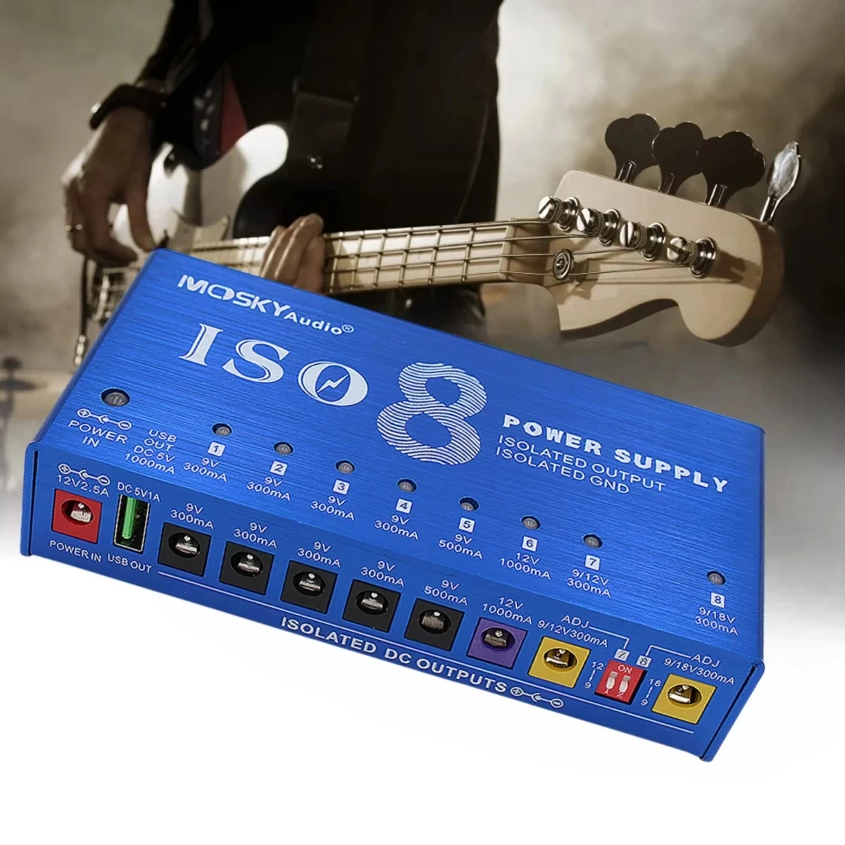 Mosky ISO-8 pedal power supply with 8 isolated outputs +5V USB 9V/12V/18V switchable, 9-channel independent protection for guitarists