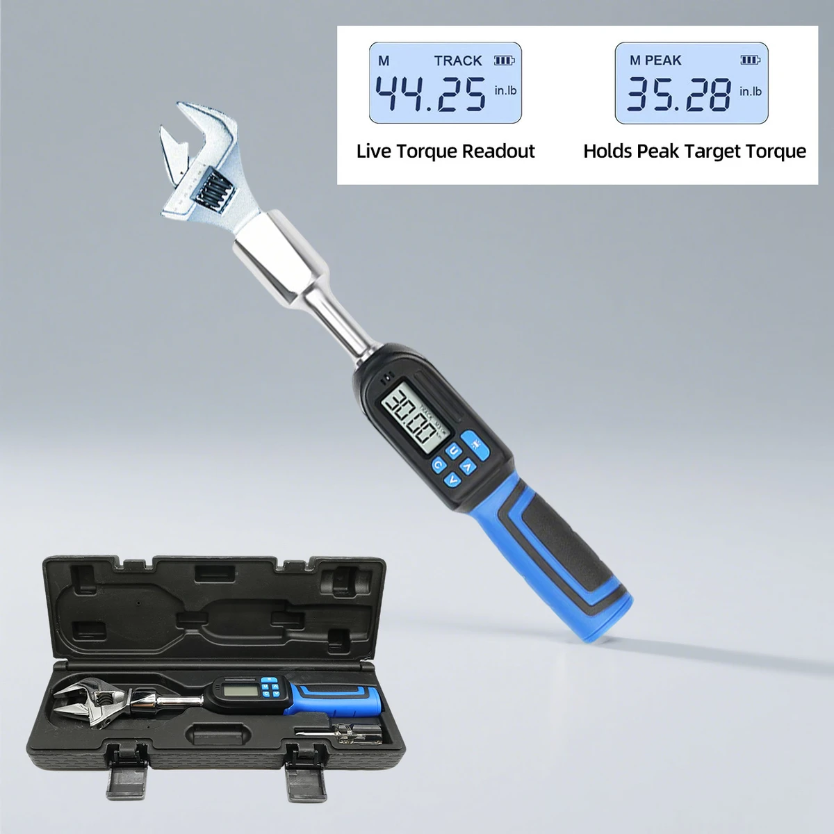 Adjustable digital torque wrench, 6.8–135 Nm, open-end electronic torque wrench with buzzer and LED
