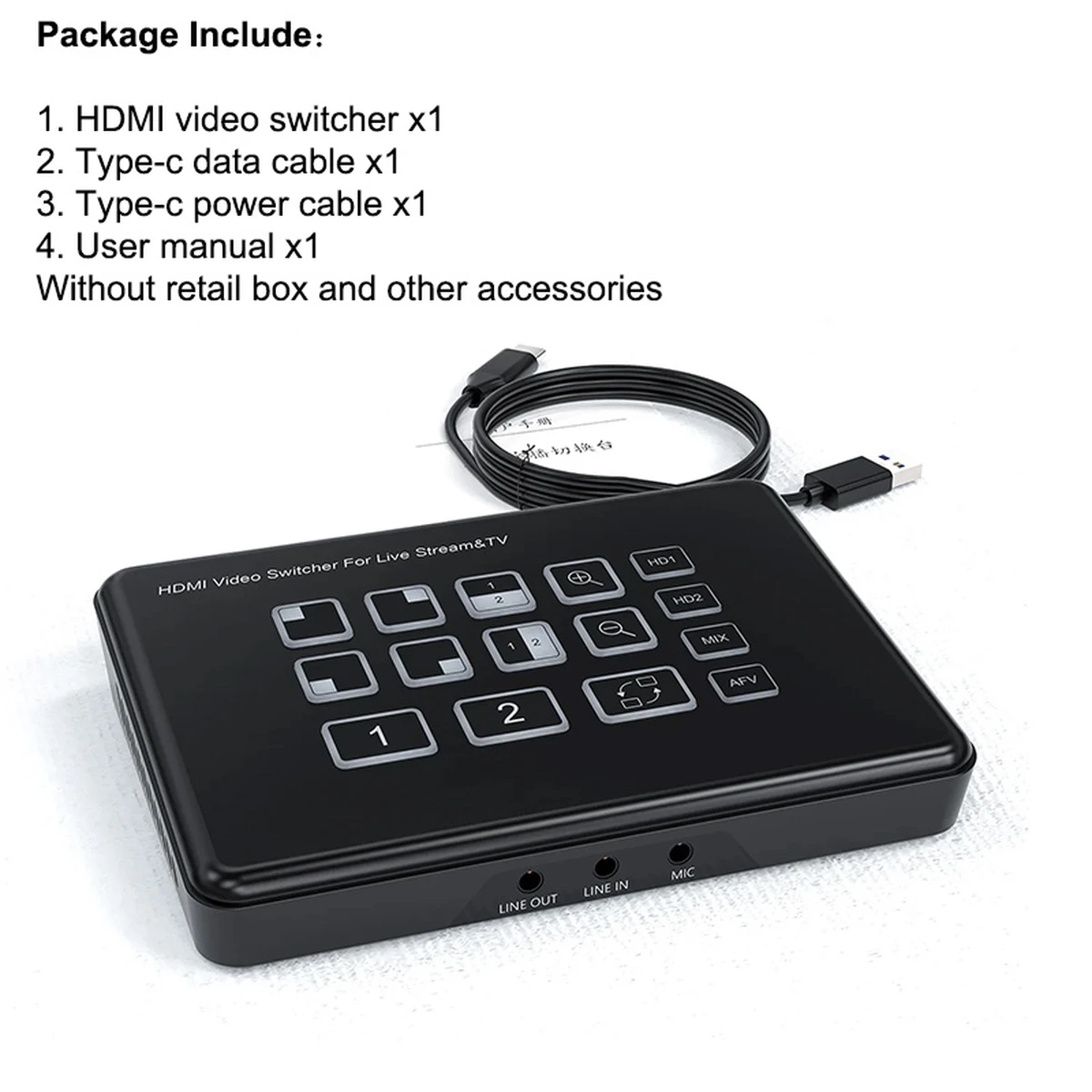 HDMI video mixer and switcher with 2 channels and 2 connections for live streaming and broadcast, PIP MIC line-in and line-out