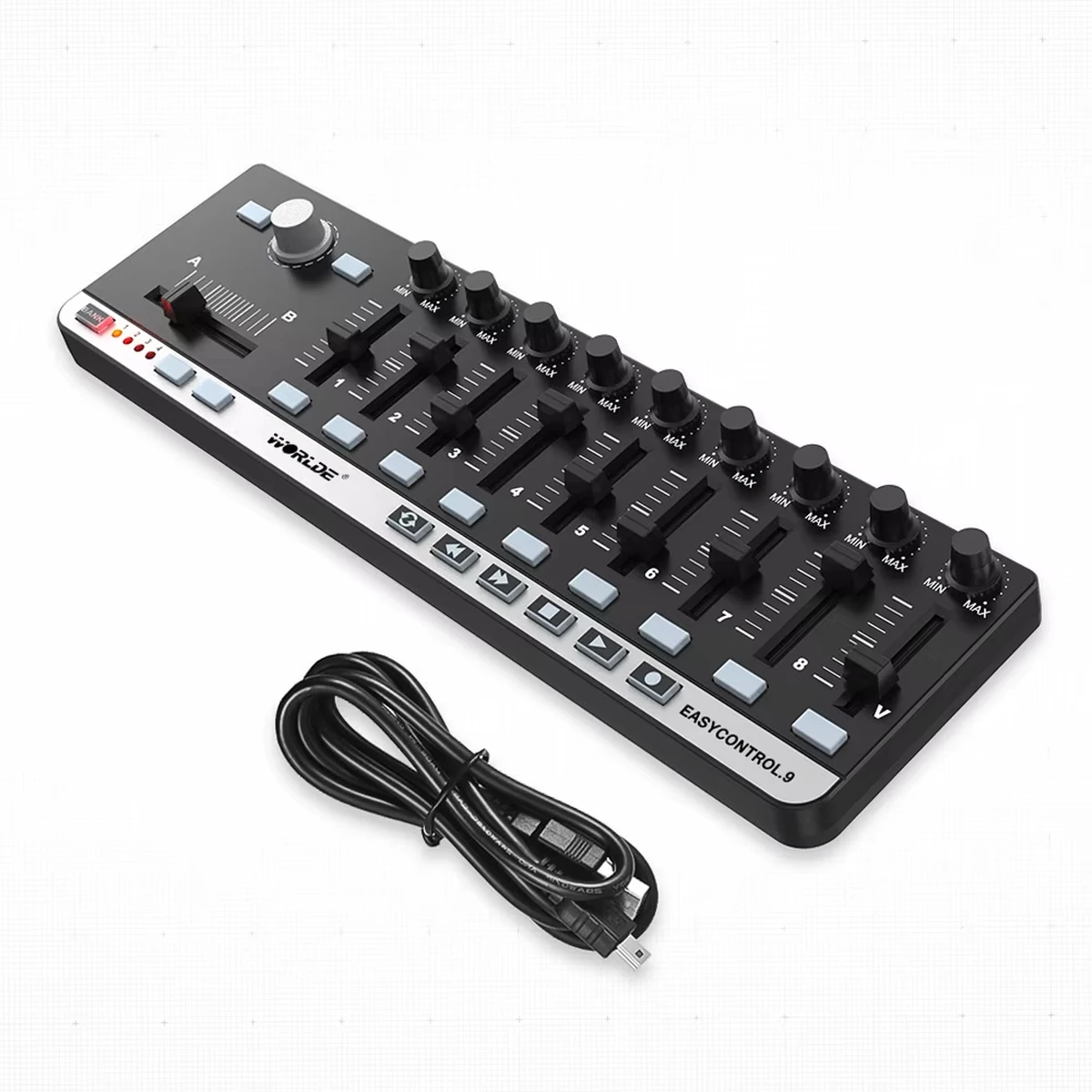 Worlde EasyControl.9 MIDI Controller – slim portable USB controller with 4 memory banks, 6 transport buttons and plug-n-play kit