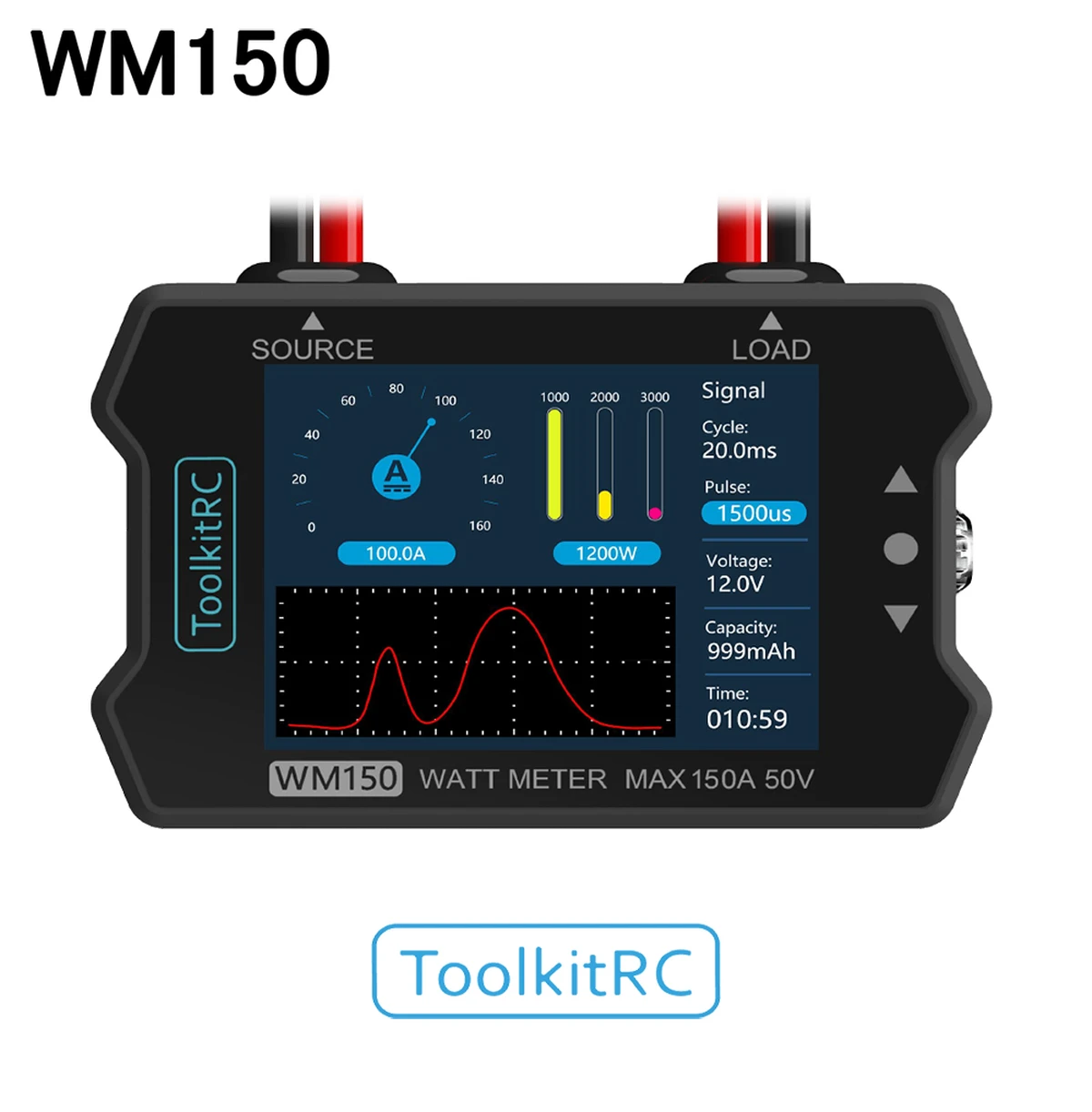 Analyseur de puissance ToolkitRC WM150 150A 50V avec wattmètre, écran LCD, mesure de courant et de tension, sortie PWM pour la mesure de puissance RC