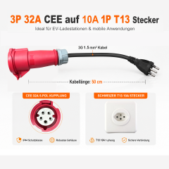 Câble adaptateur CEE 32A vers prise suisse T13