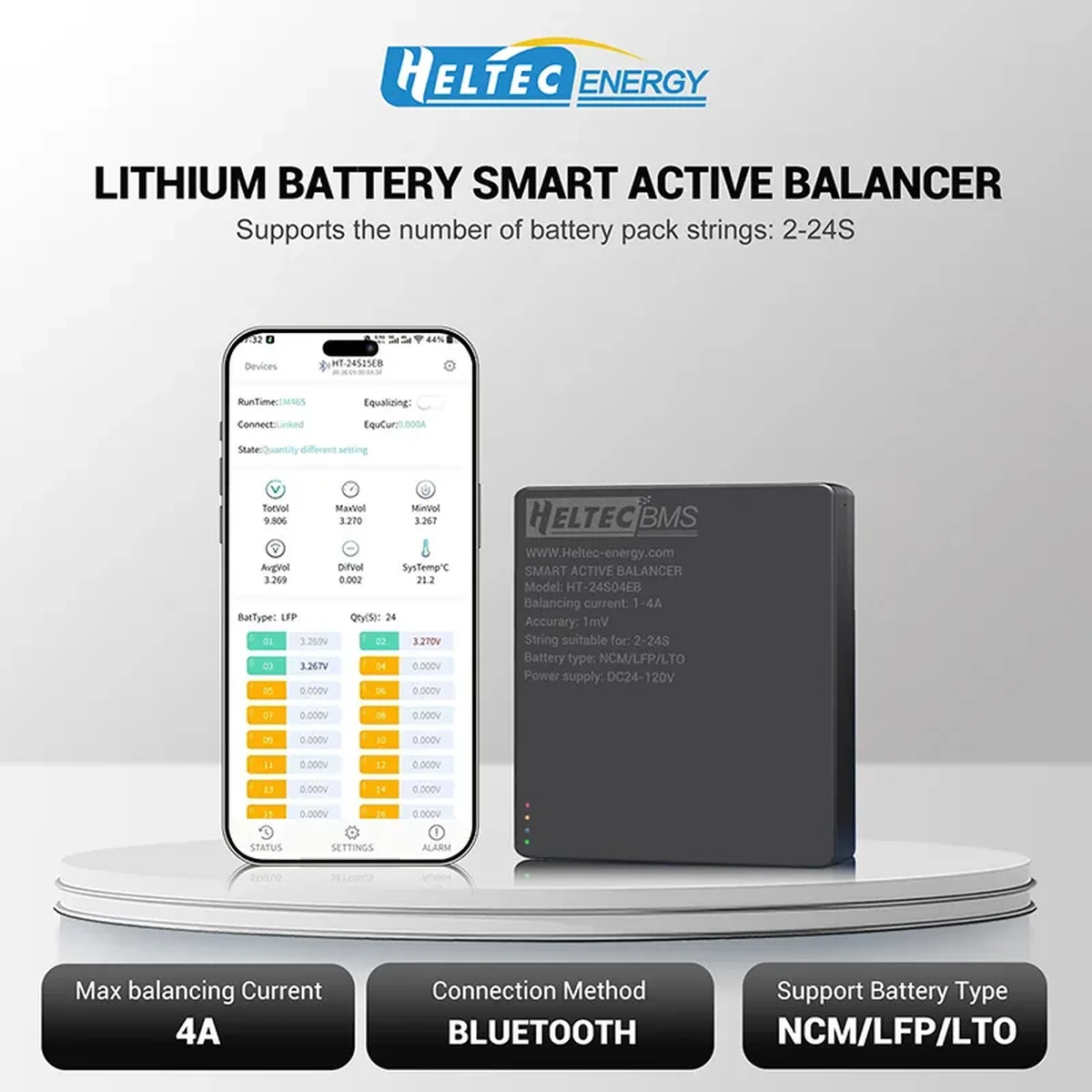 Heltec 1- 4A Smart Active Balancer 10S-24S 1A 2A 4A Super capacitor Active Equalizer Balancer APP Li-ion Lipo /Lifepo4/LTO