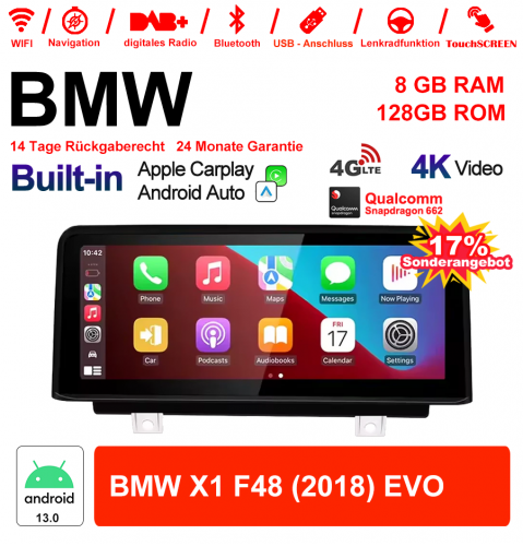 10.25" Qualcomm Snapdragon 662 Android 13.0 4G LTE Autoradio / Multimédia USB WiFi Navi Carplay Pour BMW X1 F48 (2018) EVO 