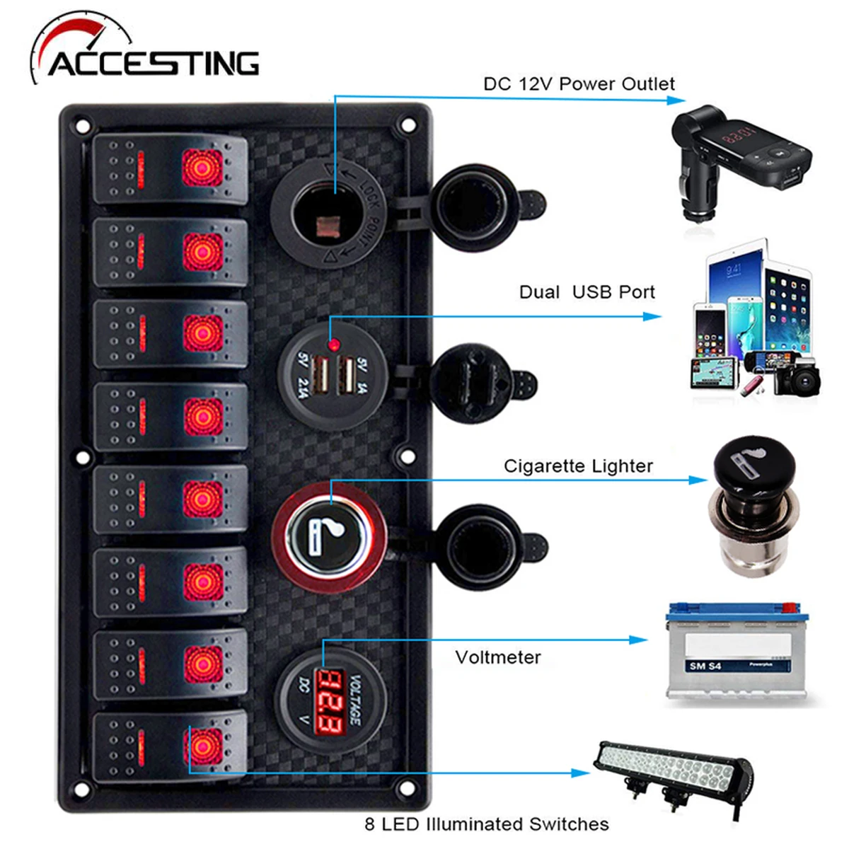 8-fach Schalterpanel 12/24V DC – Wippschalter mit Überlastschutz, Voltmeter & USB-Ladeanschluss, blaue LED, für Auto, Wohnmobil & Boot
