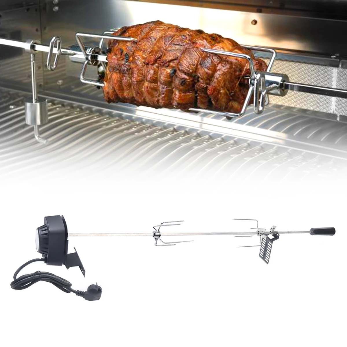 Electric rotisserie spit with stainless steel motor, rotating barbecue spit for gas grills with automatic rotation function