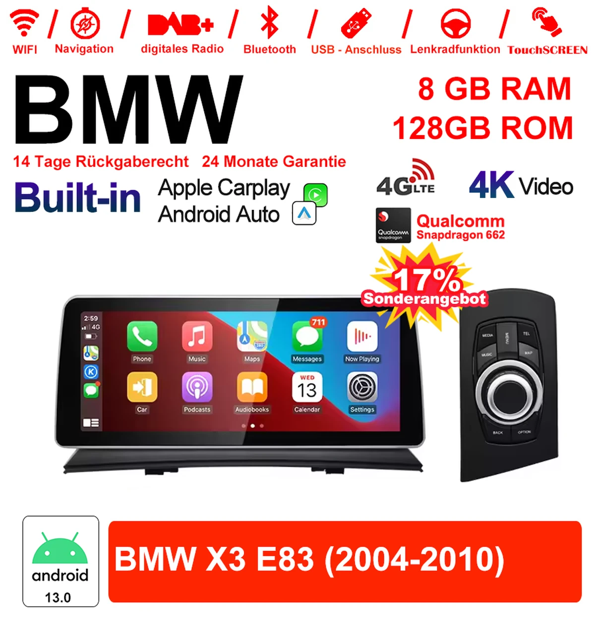 12.3 inch Qualcomm Snapdragon 662 8 Core Android 13.0 4G LTE Car Radio /Multimedia USB WiFi Carplay For BMW X3 E83 (2004-2010) with Original display