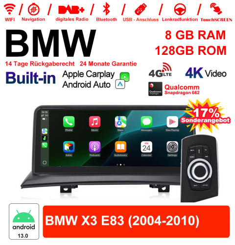 10.25" Qualcomm Snapdragon 662 Android 13.0 4G LTE Autoradio /Multimédia USB WiFi Navi Carplay Pour BMW X3 E83 (2004-2010) avec écran d'origine
