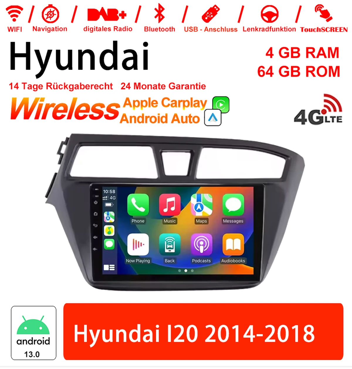 9 inch Android 13.0 car radio / multimedia 4GB RAM 64GB ROM for Hyundai I20 2014-2018