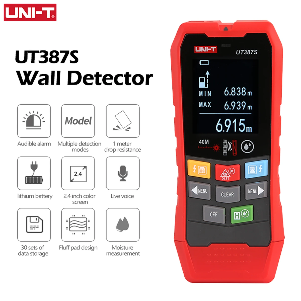 Détecteur mural UNI-T UT387E / UT387S / UT387LM 4-en-1 –Détecteur de métaux, localisateur de montants en bois, câbles sous tension et fils électriques
