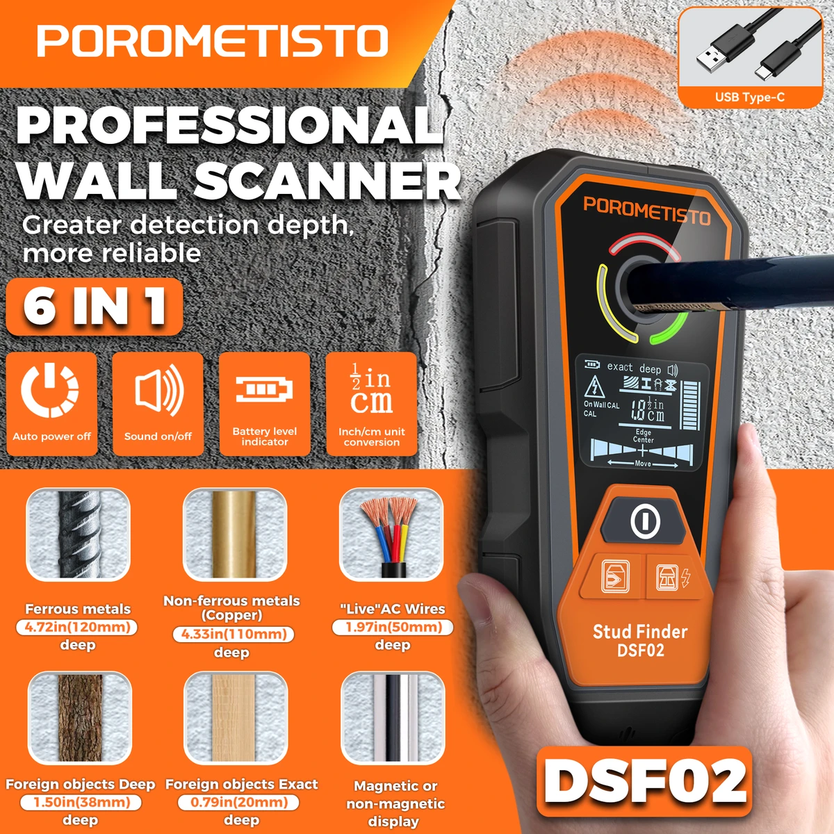 DSF02 Scanner mural 6 en 1, détecteur de faisceau rechargeable Type-C avec modes de profondeur, câble d'alimentation