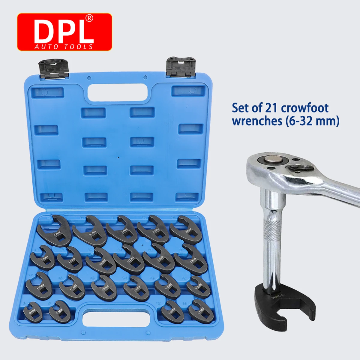 21-piece metric Crowfoot wrench set with 1/2 inch and 3/8 inch drive sizes, 8mm-32mm, Cr-Mo flange nut
