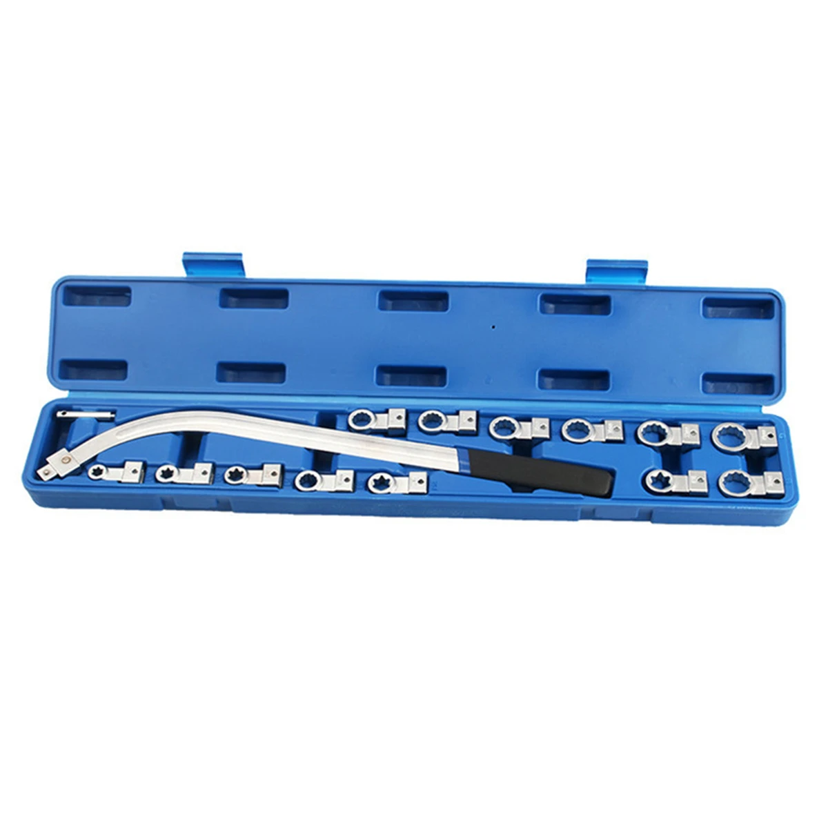 15-piece set of adjustable belt wrenches for removing and installing tension pulleys. Special car repair tool.