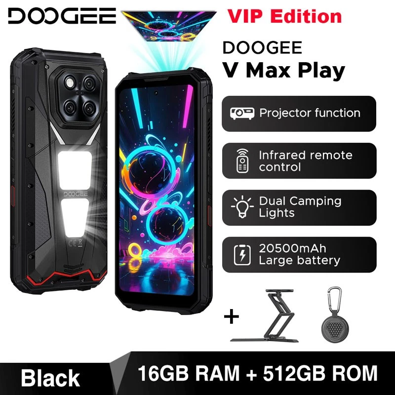 DOOGEE V Max Play VIP Edition 5G Smartphone Android 15 Robuste avec Projecteur Portable HD 480p à Mise au Point Automatique