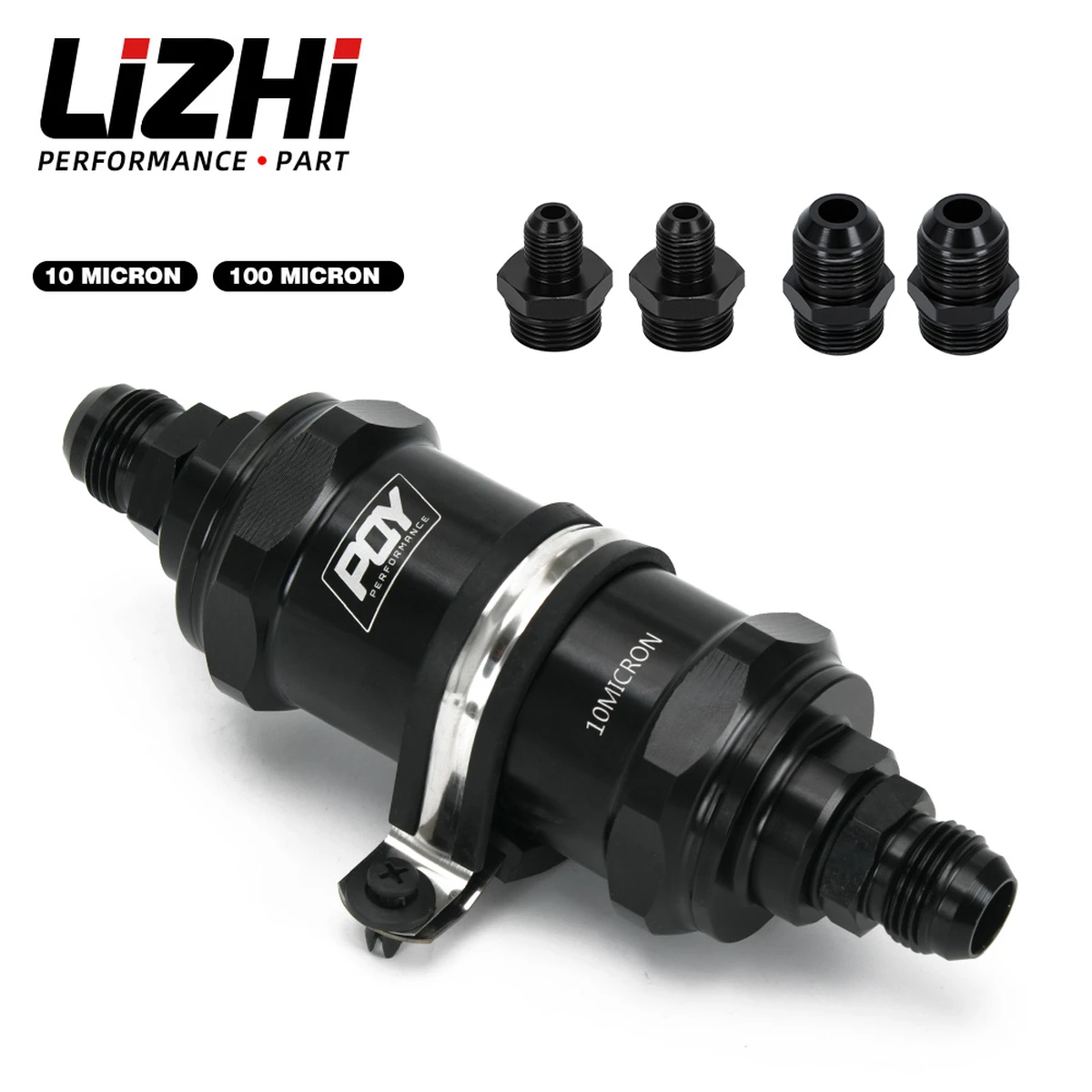 Black anodized AN6 AN8 AN10 high-performance inline fuel filter with 10 micron 100 micron stainless steel element