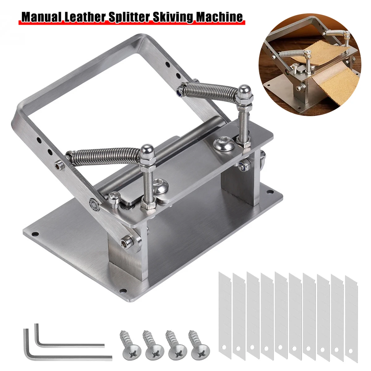 Manual Leather Splitter, Leather Skiving Machine, Stainless Steel Leather Splitter with Blades for DIY Crafts, Leatherworking, Cutting Tools