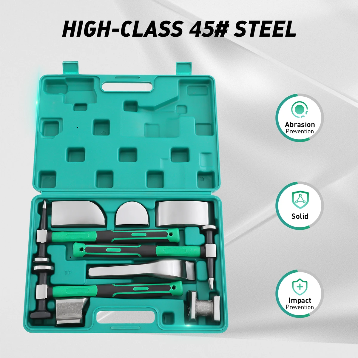 Kit de réparation de carrosserie automobile en acier (9 pièces) : outils de redressage, kit de débosselage et marteau de carrossier.