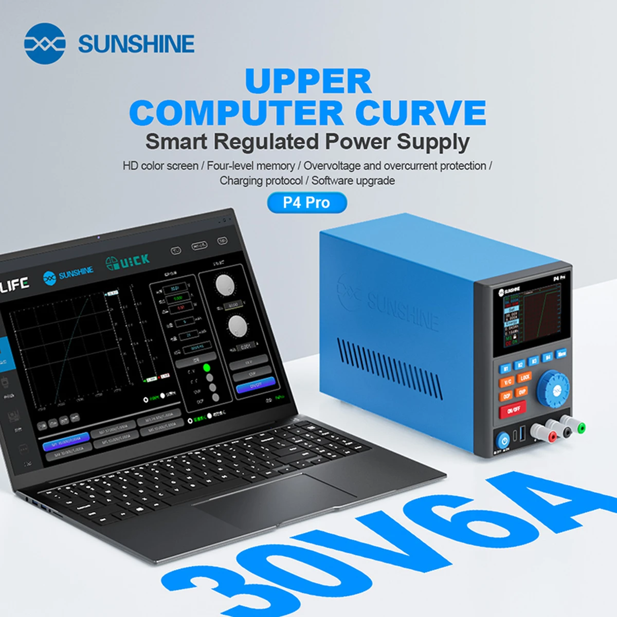 SUNSHINE P4 PRO 30V 6A Smart Regulated Power Supply with PC-Based Curve Monitoring for Precise Readings – Adjustable DC Regulated Power Supply
