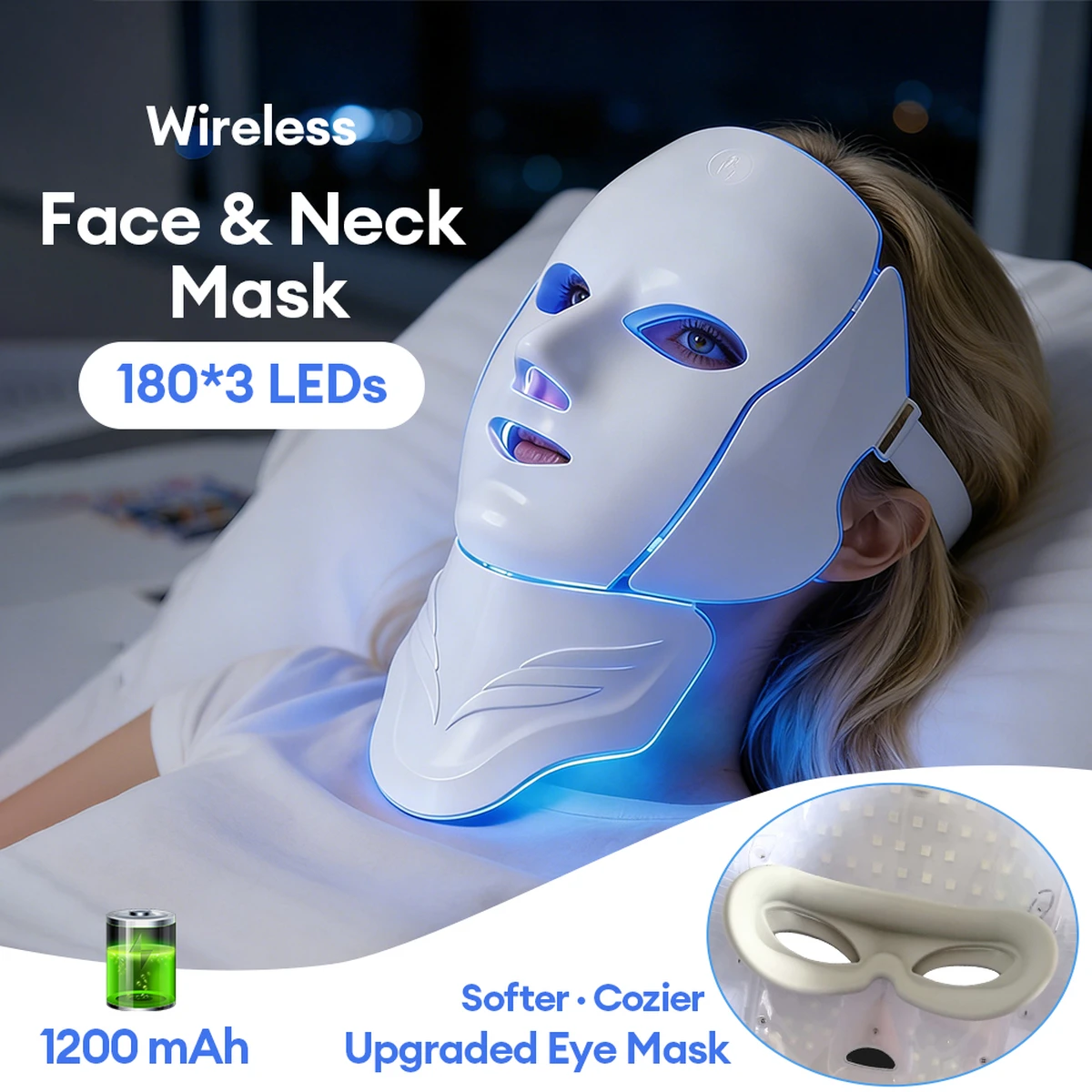 Masque de beauté visage et cou à photons 7 couleurs – Masque LED sans fil pour la réparation cutanée et l'élimination des rides