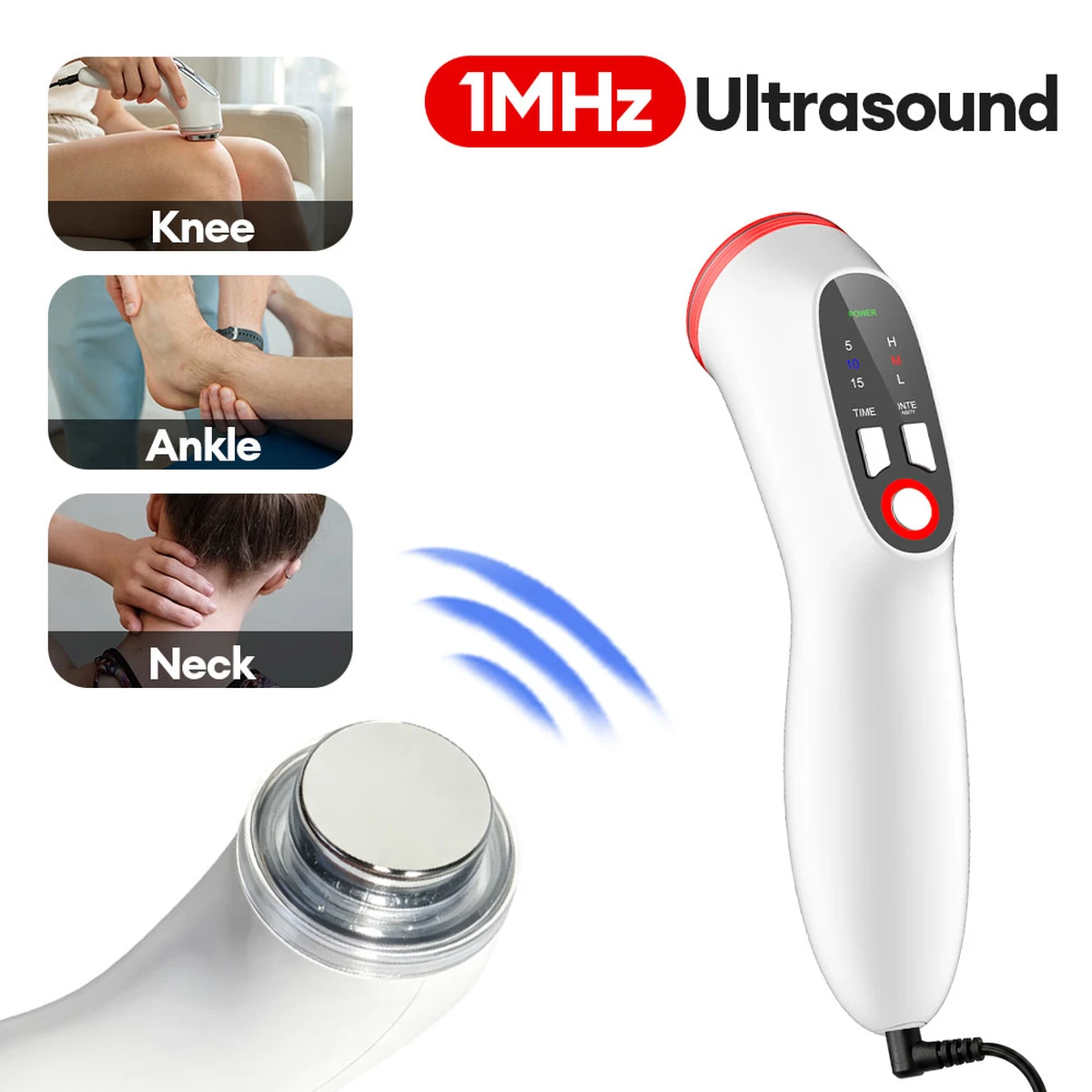 1 MHz handheld ultrasound physiotherapy device, portable body massager with 3 intensity levels and timer settings