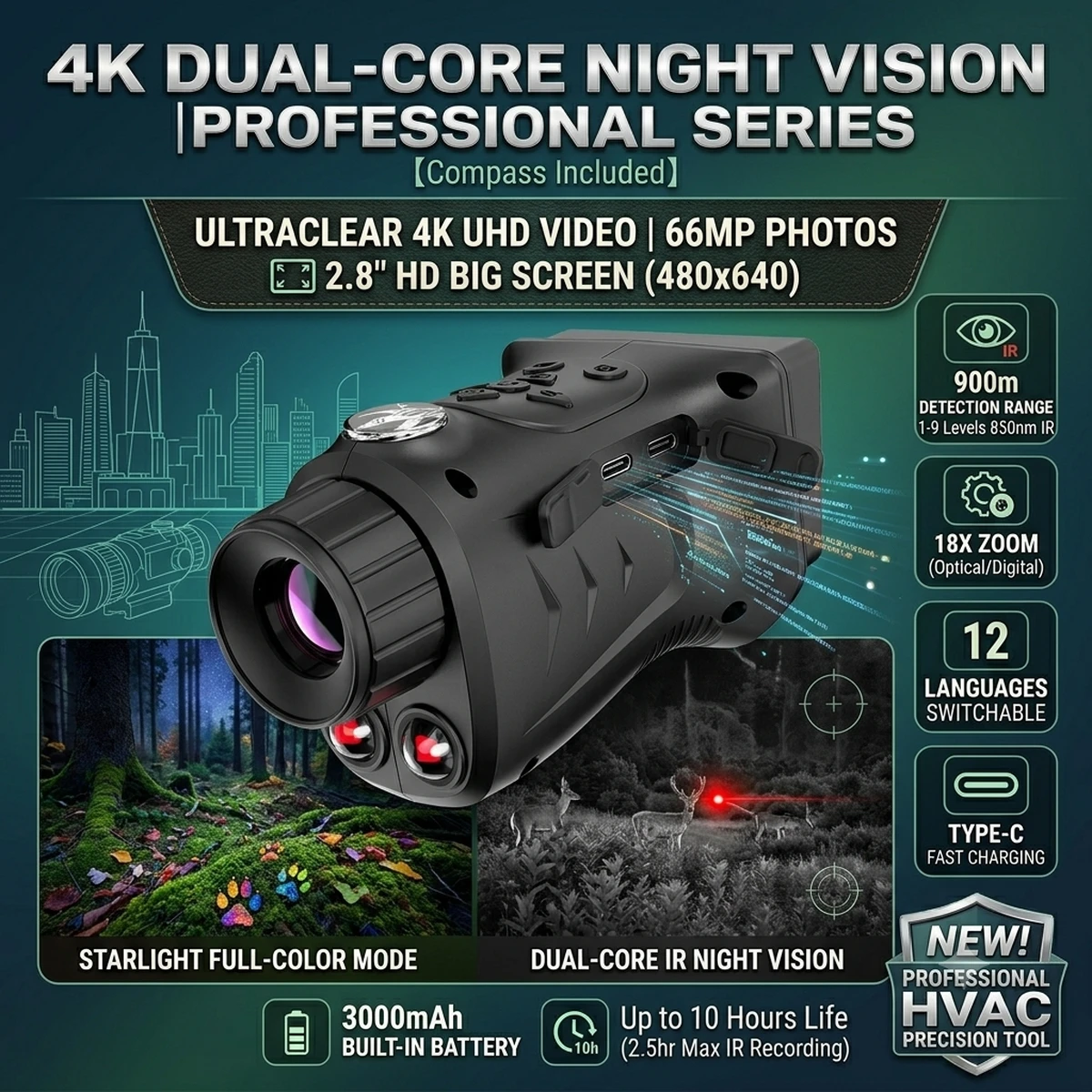 18X Night Vision Monocular, 4K Video, 66MP Photo, 850nm Dual-Core IR, 900m Range, 2.8'' LCD Screen