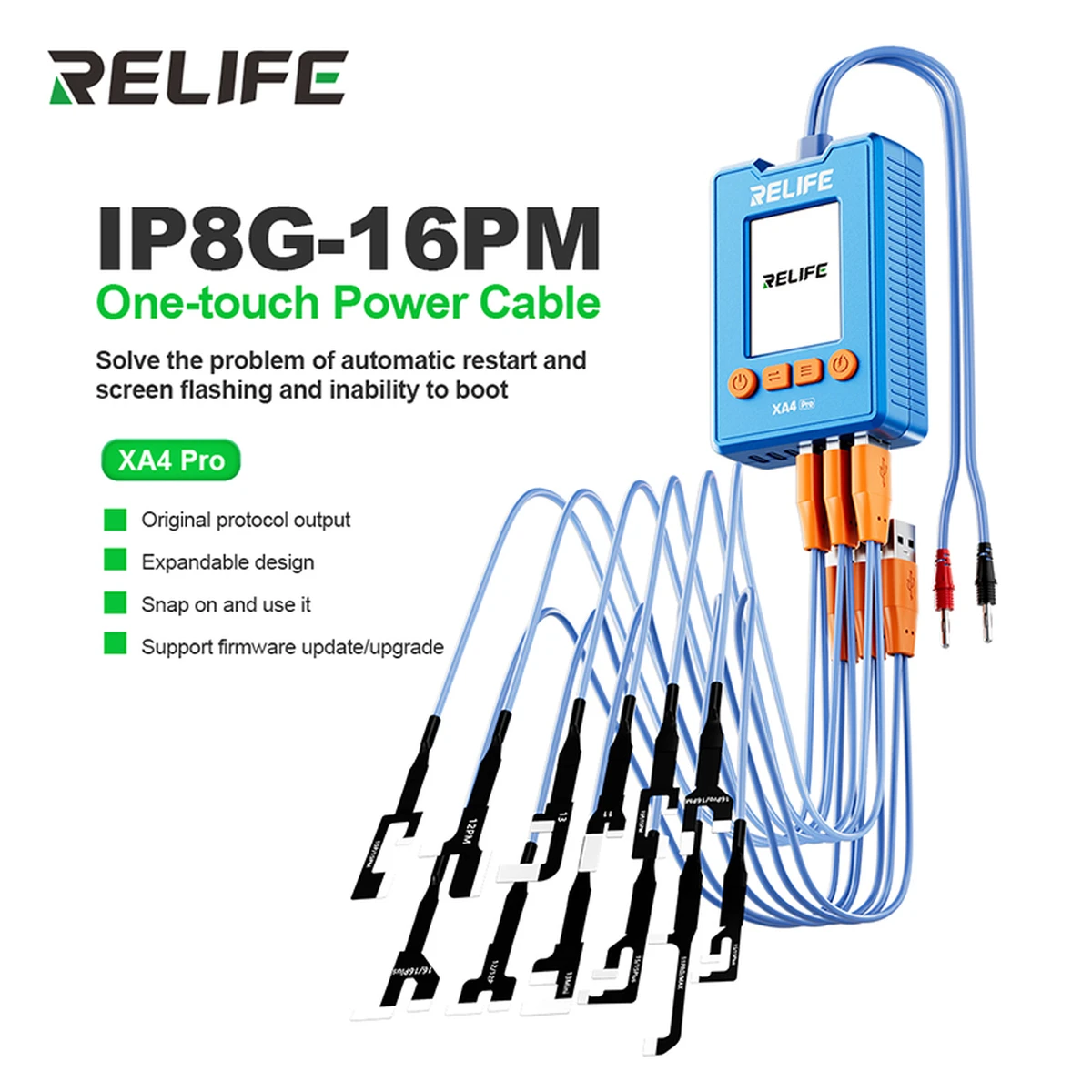 RELIFE XA4 Pro USB-C power cable with 2-inch HD display, data storage, and playback, for iPhone 8–16 Pro Max repairs