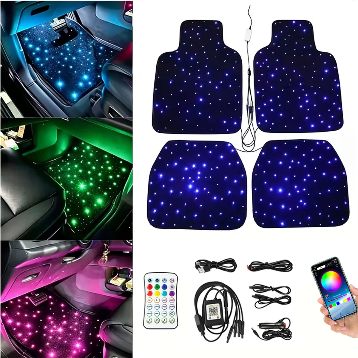 Tapis de sol pour voiture à LED avec effet «ciel étoilé »,kit d'éclairage RGB universel contrôlable via application et télécommande,étanche et lavable