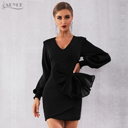 Adyce 2019 New Women Spring Bodycon Celebrity Evening Party Dress Sexy Black Long Sleeve Deep V Neck Mini Bow Club Dress Vestido