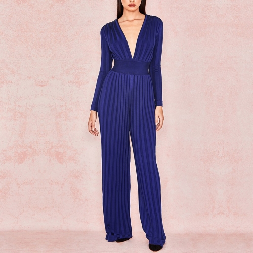 ADYCE 2019 Summer Women Bandage Jumpsuit Rompers Celebrity Runway Party Jumpsuit Sexy  V Neck Blue Long Sleeve Bodycon Bodysuits