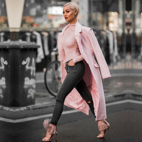 Adyce New Winter Women Slim Trenches Coats Sexy Pink Deep V-Neck Covered Button Warm Coats Zip Long Sleeve Maxi Club Coats