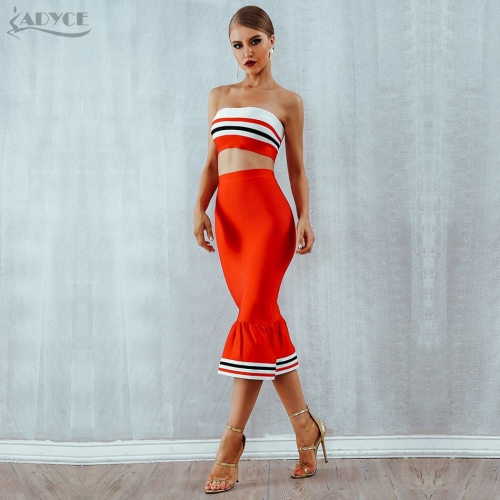 ADYCE 2019 New Summer Bodycon Women Bandage Set Dress Two 2 Pieces Set Top&amp;Skirts Striped Vestidos Celebrity Evening Party Dress