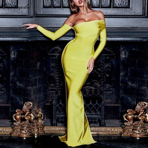 Adyce 2019 New Arrival Sexy Women Bandage Dress Long Sleeve Yellow Draped Off Shoulder Long Maxi Celebrity Evening Party Dresses