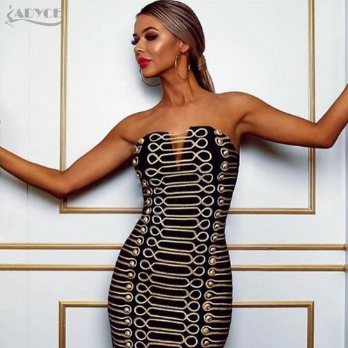 ADYCE New  Women Bodycon Party Dress Vestidos Luxury Black Strapless Buttons Hollow Out Sleeveless Celebrity Runway Dresses
