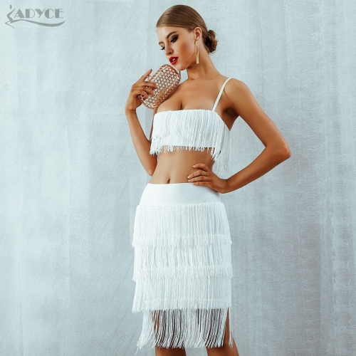 Adyce 2019 Fashion White Bandage Dress Set Tops & Skirts 2 Two Pieces Set Women Tassels Celebrity Evening Party Women Fringe Sets