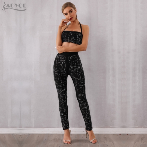 Adyce 2019 New Summer Women Bandage Sets Vestidos Sexy Black Beading Tops&Pant 2 Two Pieces Set Celebrity Evening Party Dresses