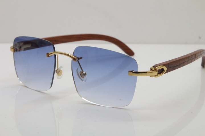 Cartier Rimless Original Carved Wood T8300816 Sunglasses in Gold Blue ...