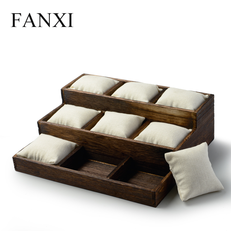 FANXI Custom Baking wood Jewelry Trays With Linen Pillows For Bangle Bracelet Showcase Wooden Watch Display Tray