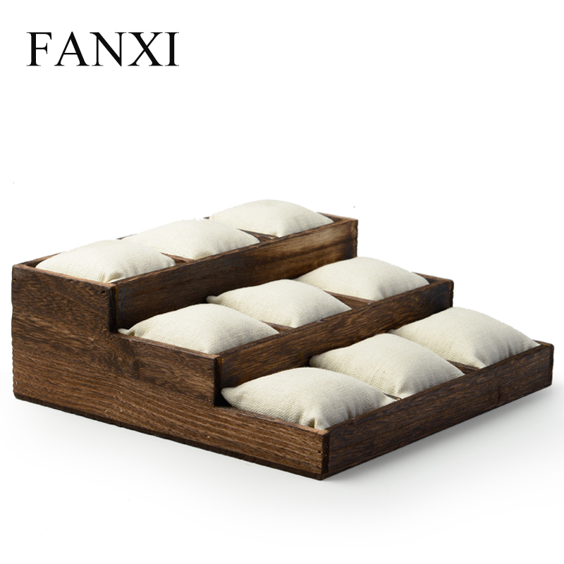 FANXI Custom Baking wood Jewelry Trays With Linen Pillows For Bangle Bracelet Showcase Wooden Watch Display Tray