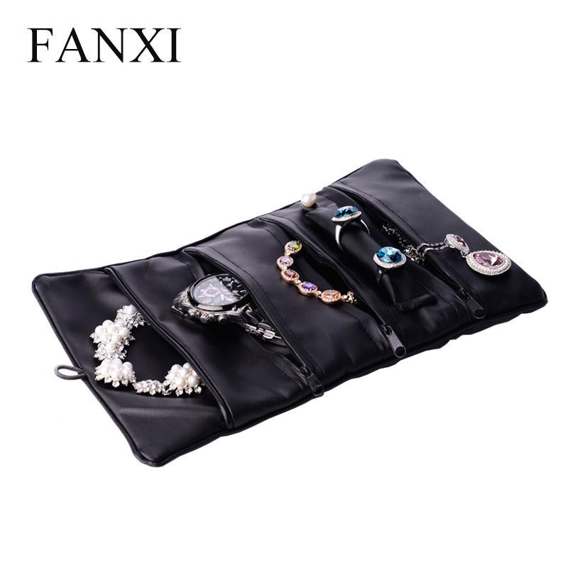 FANXI Wholesale Custom Black PU Jewellery Storage Bag For Ring Earrings Necklace Bracelet Bangle Packaging Travel Leather Jewelry Roll