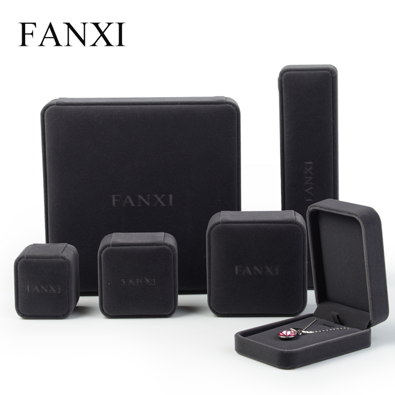 FANXI Custom Logo Plastic Packaging Boxes For Ring Necklace Earrings Bracelet Storage Black Velvet Jewelry Gift Box