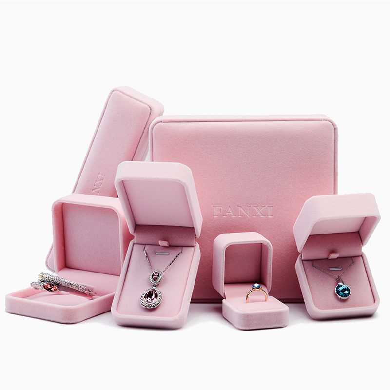 FANXI Custom Logo Wedding Gift Boxes For Ring Necklace Bracelet Bangle Earrings Packing Pink Velvet Jewelry Packaging Box